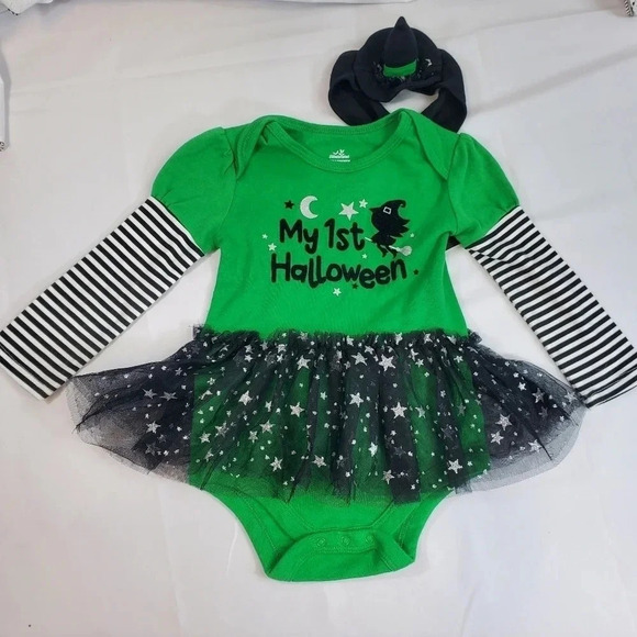 My First Halloween Green and Black Baby Girl Costume with Matching Hat Tutu - Picture 2 of 9